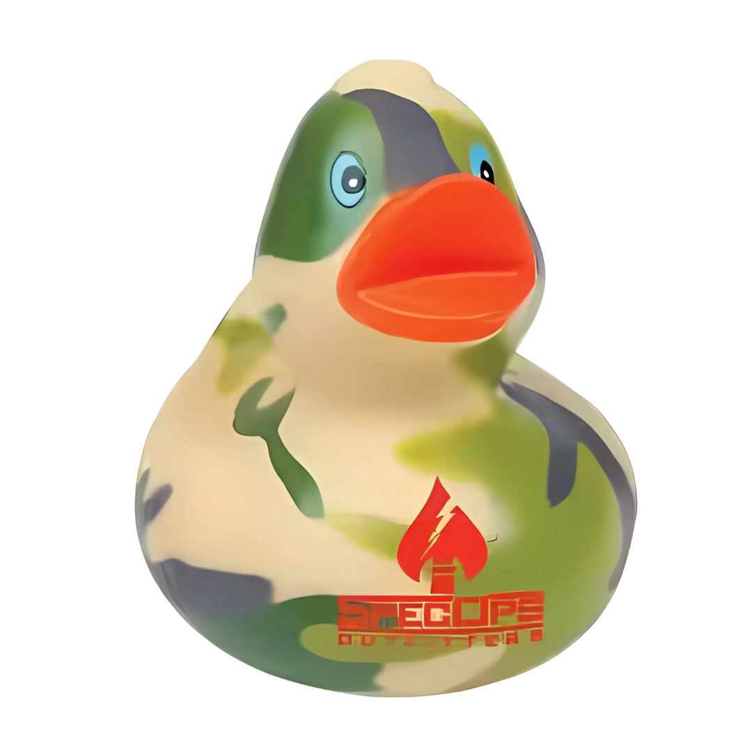The Printable Army Rubber Duck sports a camouflage pattern, an orange beak, and a logo with a red flame above the word STEGUARD.
