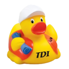 The Promotional Builder Duckie features a white cap, orange life vest, and proudly displays TDI on its chest, while holding a blue item in one wing, making it an attention-grabbing design.