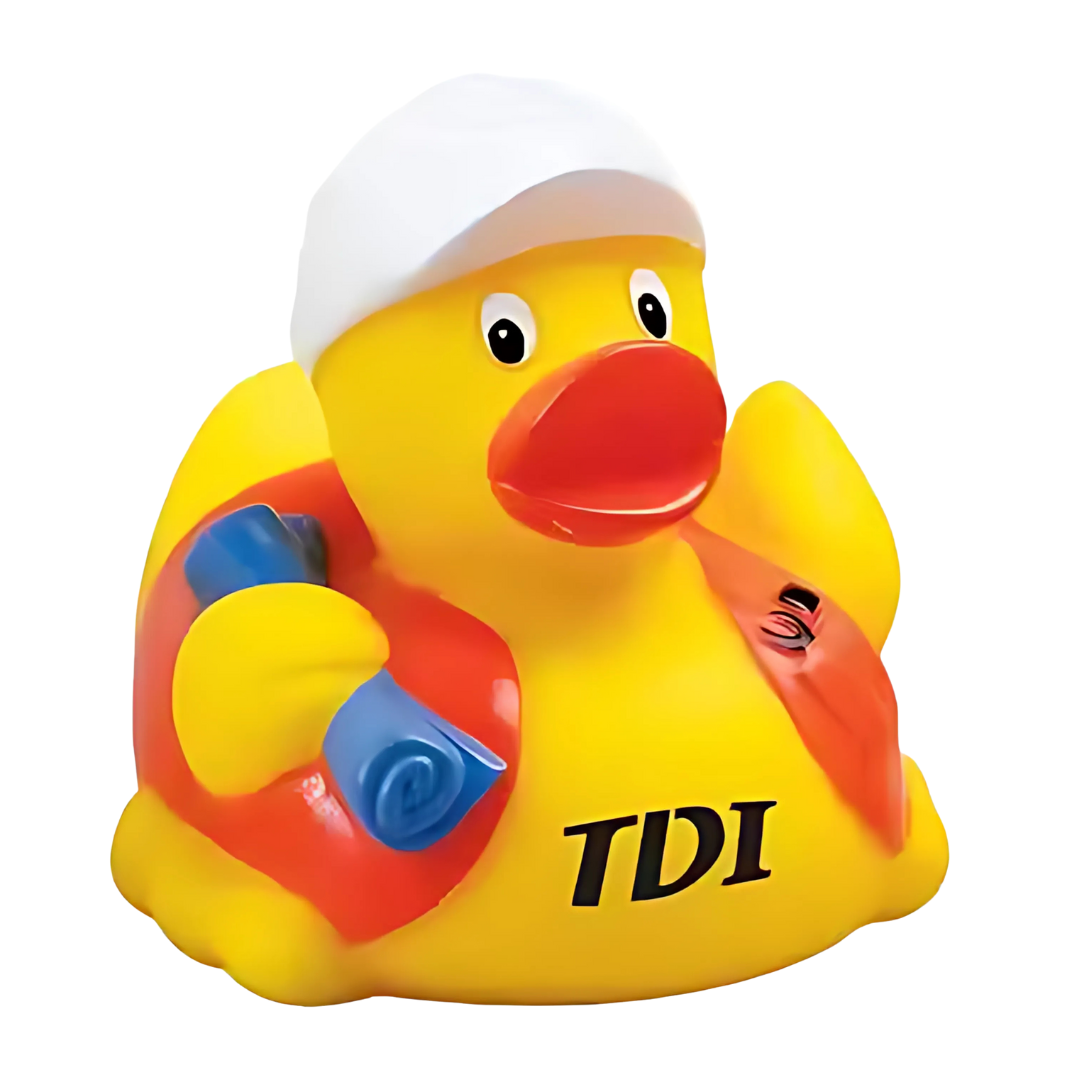 The Promotional Builder Duckie features a white cap, orange life vest, and proudly displays TDI on its chest, while holding a blue item in one wing, making it an attention-grabbing design.
