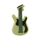 Cartoon-style yellow electric guitar with dark green details, including a stylized neck and pickguard, set against a plain white background.