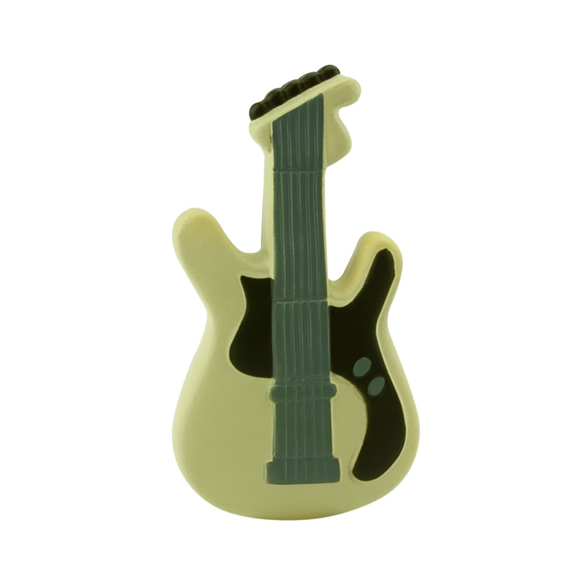 Cartoon-style yellow electric guitar with dark green details, including a stylized neck and pickguard, set against a plain white background.