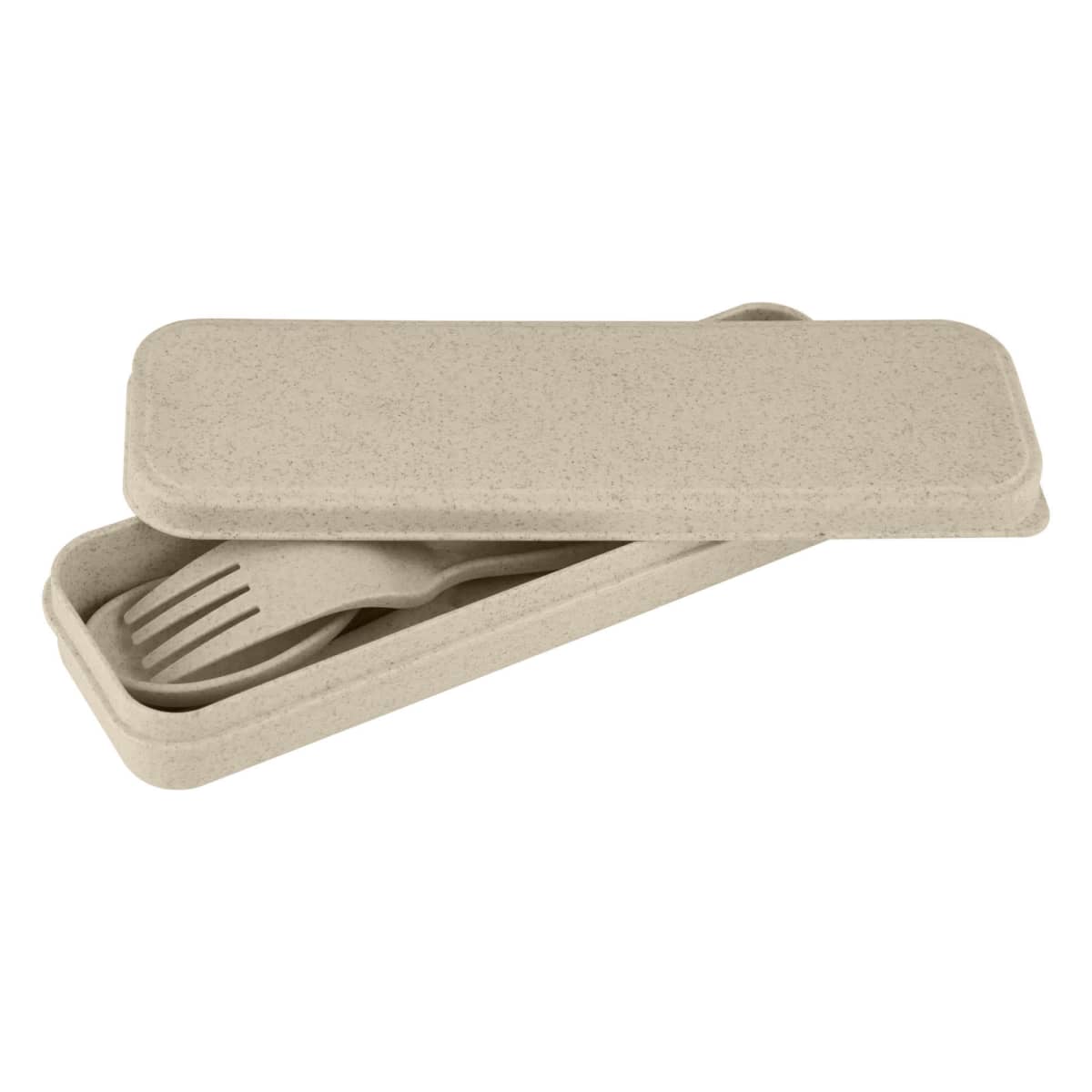 Beige reusable fork and knife set in an open matching rectangular case.