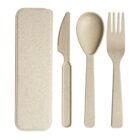 Beige reusable cutlery set with case, knife, spoon, and fork laid out side by side.