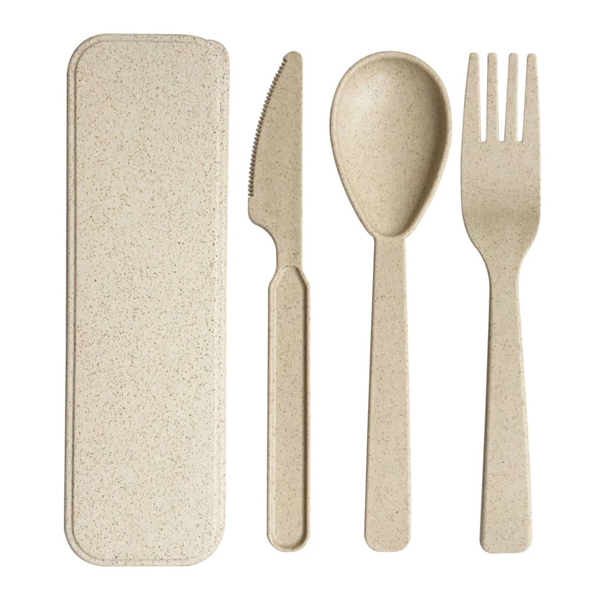 Beige reusable cutlery set with case, knife, spoon, and fork laid out side by side.