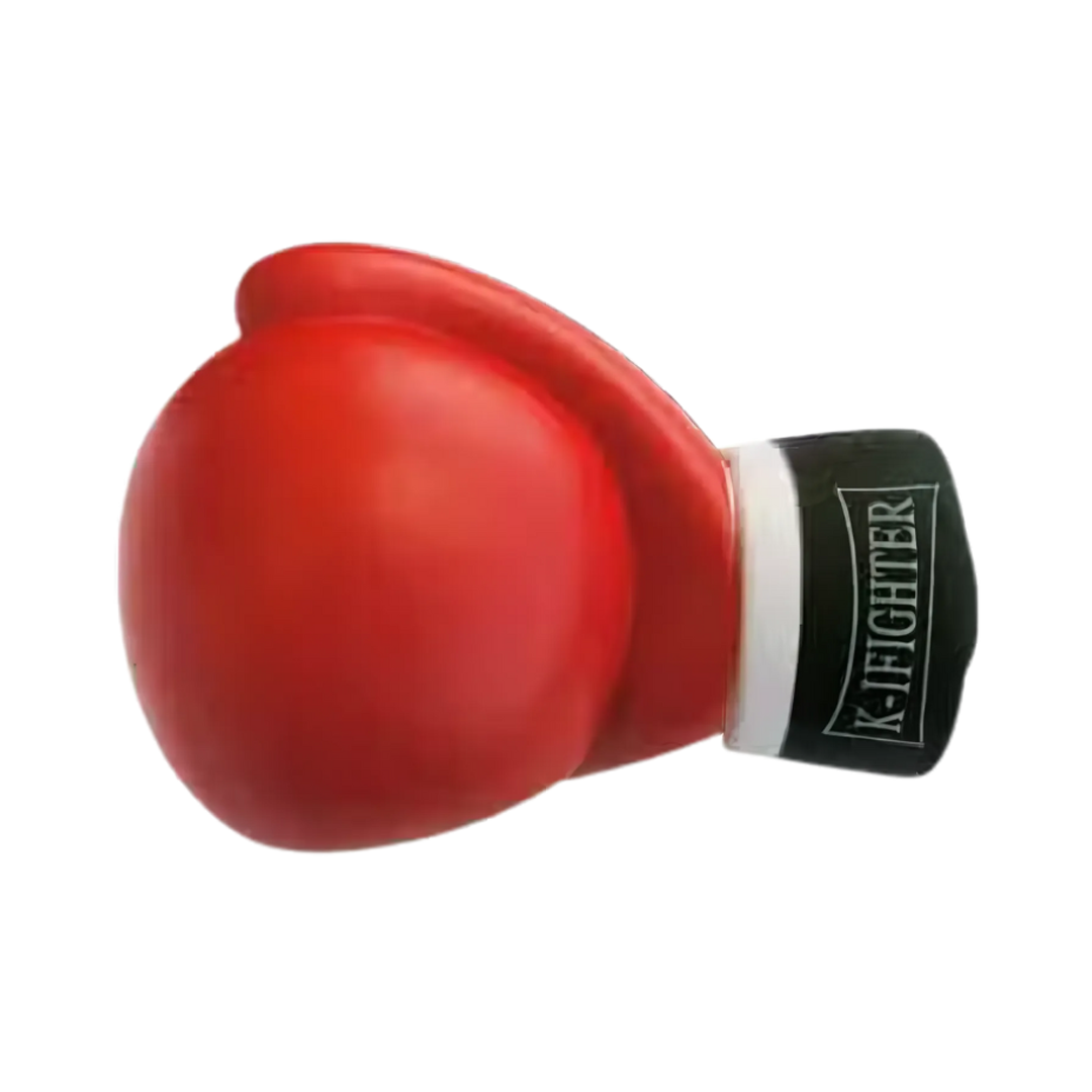 A Boxing Glove Stress Shape in red with a black strap and the text K. Fighter on a white background.