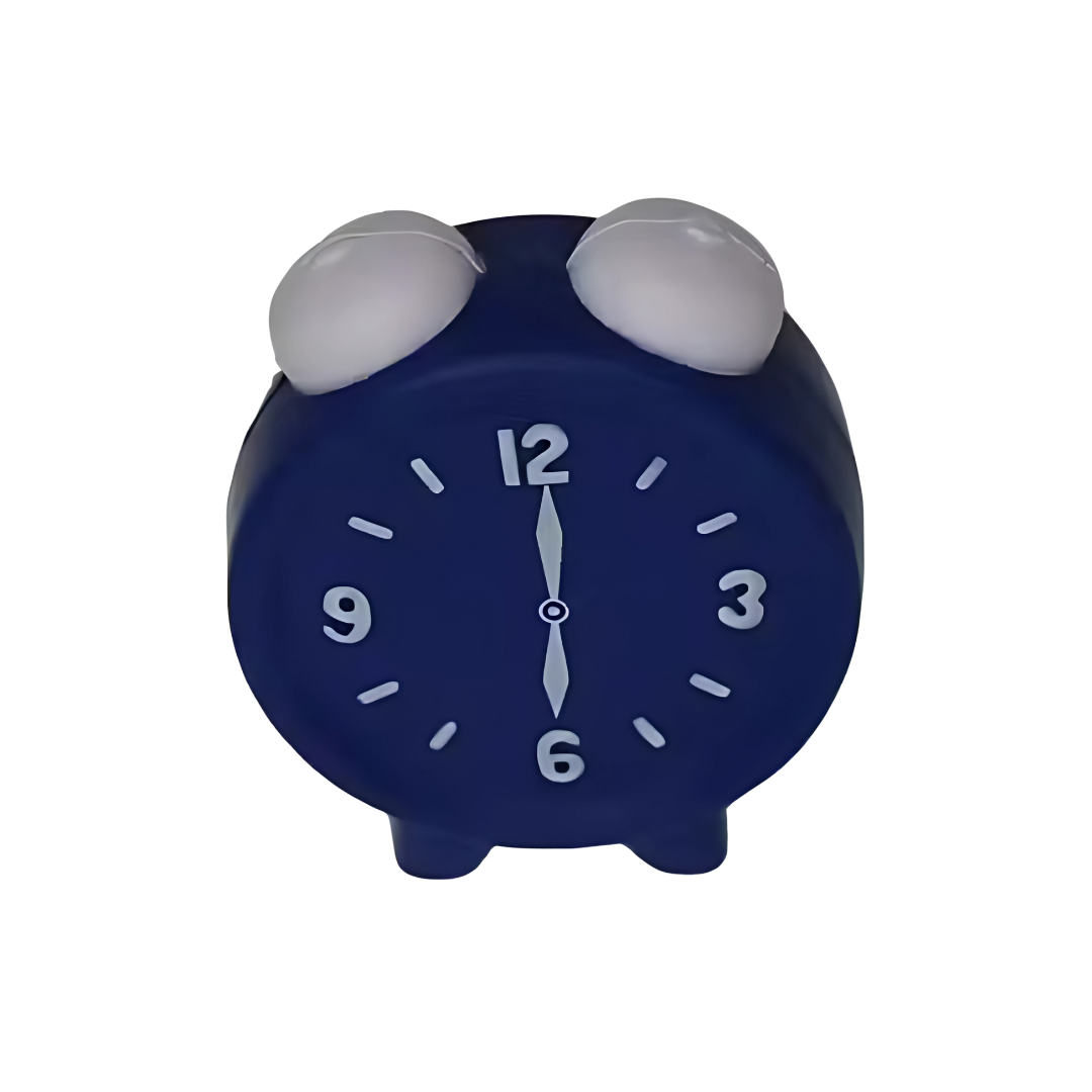 The Clock Stress Toy is a whimsical, blue, cartoon-style clock with small legs and a round face featuring white numbers and large eyes on top showing 12:00. Its perfect for adding a playful touch to your decor while easing stress throughout the day.