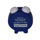A blue Clock Stress Toy, shaped like a round character with small legs, displays the white text: Time is running out for free training! Call 0845 177 0695. It features a label saying Smart Training.