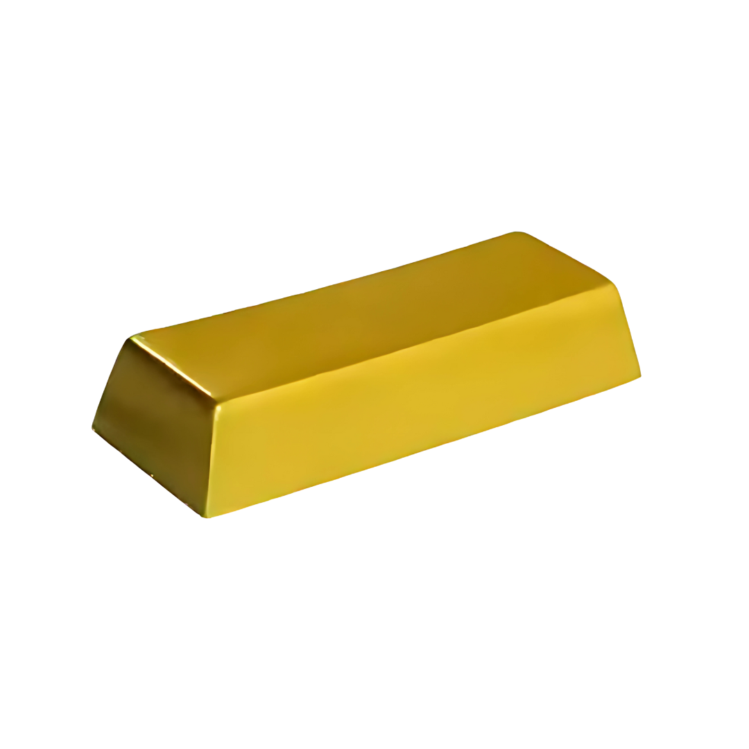 The Gold Bullion Squishy Ball, showcased against a plain white background, mimics the appearance of a shiny gold bullion with its simple rectangular shape, smooth surfaces, and sharp edges.