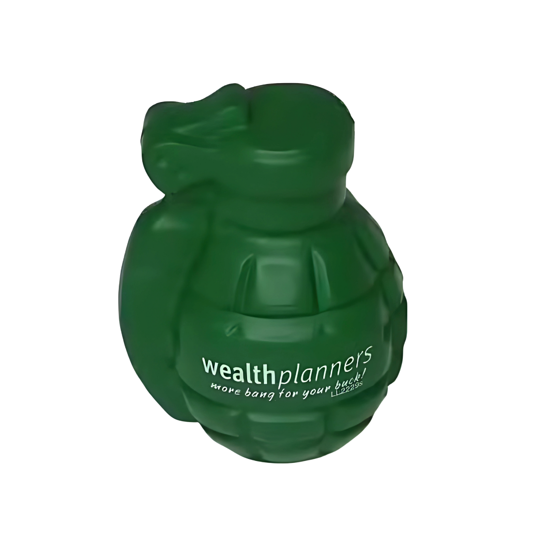 The Grenade Stressballs, in green and featuring wealthplanners with the phrase more bang for your buck!, add explosive flair to any relaxation routine.