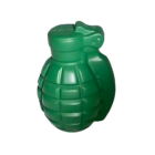 A Grenade Stressball, green and plastic with a smooth, segmented design resembling a classic hand grenade, is shown on a white background. This unique stress-relief toy adds a playful twist to relaxation time.