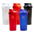 Five colorful shaker bottles in white, red, orange, blue, and black with a flower logo.