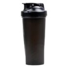 A black plastic shaker bottle with a flip-top lid against a white background.