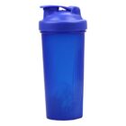 Blue plastic shaker bottle with a flip-top lid and mixing ball inside.
