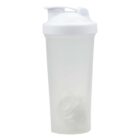 Clear plastic protein shaker bottle with a white lid and a mixing ball inside.