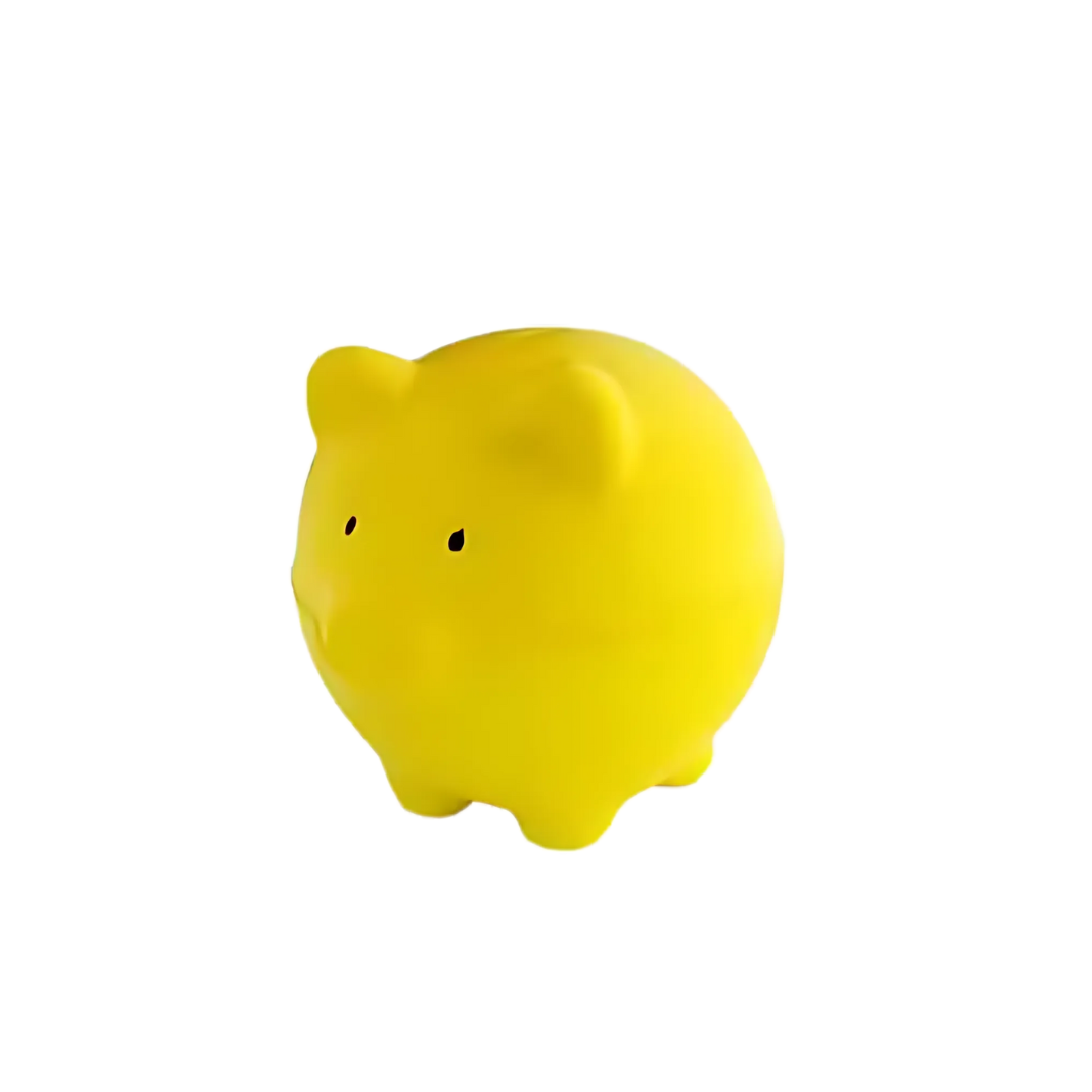 The Stressball Yellow Pig, a small and smooth piggy bank, is set against a white backdrop. Featuring simple black dot eyes and rounded ears, it combines whimsical charm with stress relief in its minimal design.