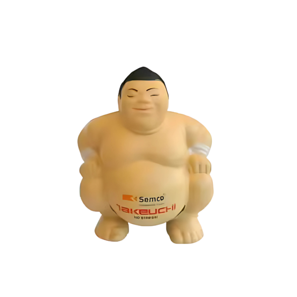 The Sumo Custom Stressballs are small, soft rubber figures in a squatting sumo wrestler design with cartoonish expressions. Perfect for relieving tension, they sport branding logos on the torsos.