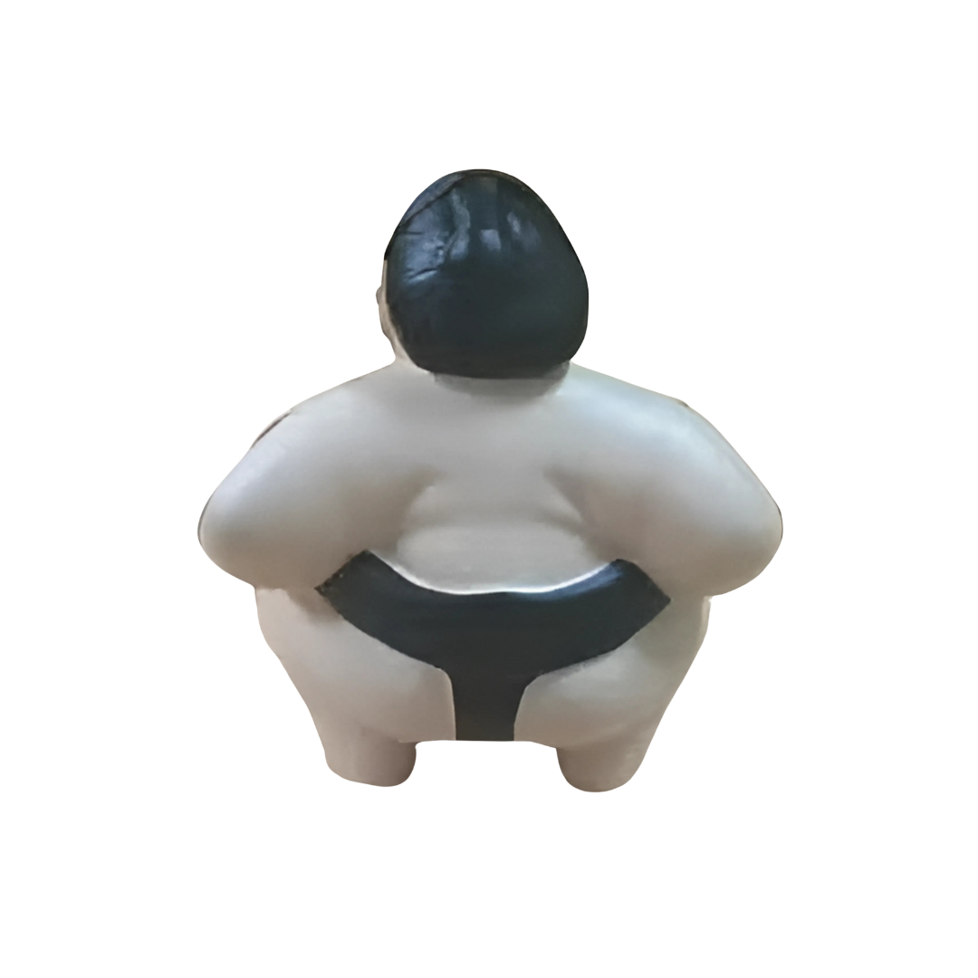 The Sumo Custom Stressballs is a small figurine of a sumo wrestler, seen from behind with a black hairstyle and mawashi. It boasts a smooth finish, evoking the likeness of stress balls, and stands elegantly on a white background.