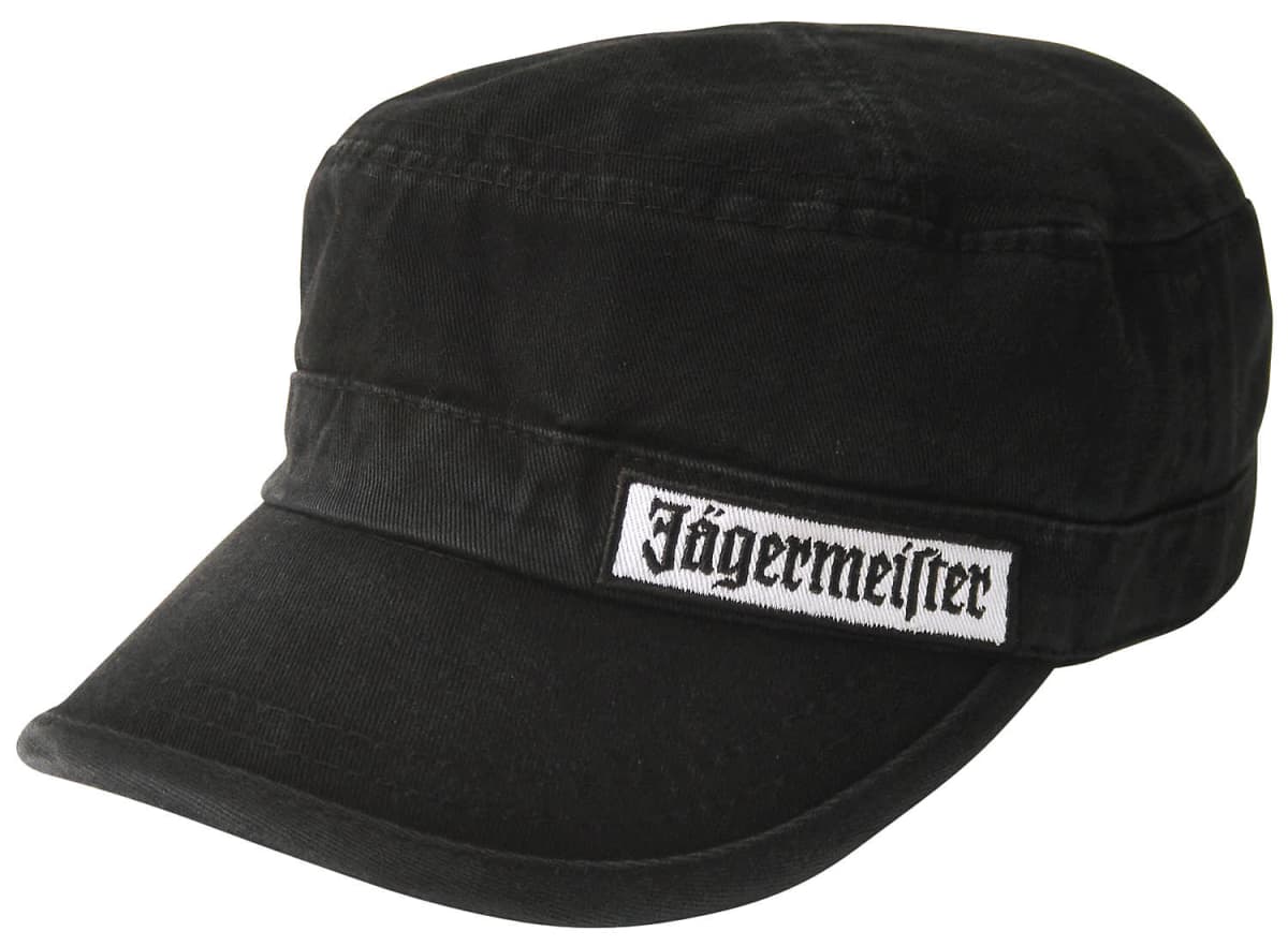 Black cap with Jägermeister patch in white and black gothic letters on the front.