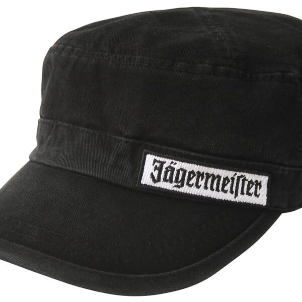 Black military-style cap with a Jägermeister patch on the front.