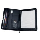 An open black portfolio organizer containing a lined notepad on the right, a calculator with a digital display showing numbers, and several pockets for documents and a pen on the left.