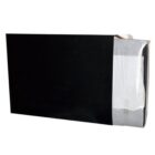 A rectangular black box partially opened on one side, revealing a white fabric-like material inside. The background is plain white.