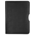 A sleek black leather portfolio folder is closed, featuring a smooth texture and a rounded white tab closure on the right edge.
