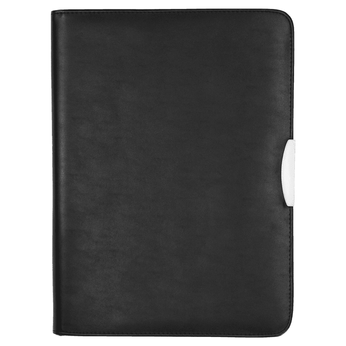 A sleek black leather portfolio folder is closed, featuring a smooth texture and a rounded white tab closure on the right edge.