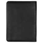 A black leather portfolio folder with a smooth surface, closed and viewed from the front. It has a sleek and professional appearance.