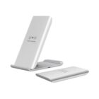 Two silver wireless phone chargers, one standing upright and one lying flat.