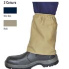 Close-up of a black work boot with a light khaki gaiter covering the ankle and lower leg. Next to it is a color swatch showing two options: navy blue and khaki. Text reads 2 Colours.