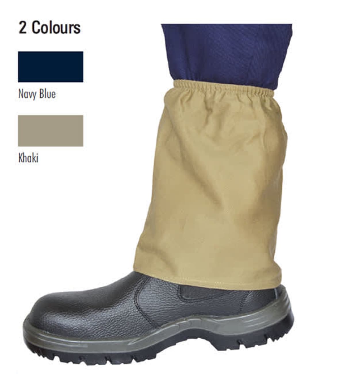 Close-up of a black work boot with a light khaki gaiter covering the ankle and lower leg. Next to it is a color swatch showing two options: navy blue and khaki. Text reads 2 Colours.