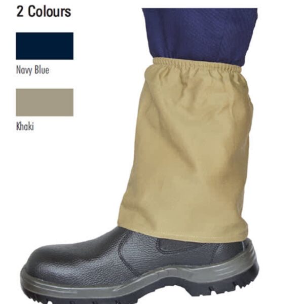 A close-up of a persons lower leg and foot wearing a black industrial safety boot with a khaki gaiter. Two color options are shown: Navy Blue and Khaki.