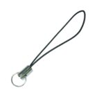 A small silver metal key ring attached to a thin black looped strap.