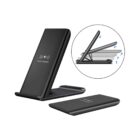 Black adjustable wireless fast charger shown upright and folded, with diagram of folding angles.