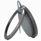 A sleek, modern disc-shaped object with two metallic rings attached at an angle, connected to a wire. The design is minimalistic and futuristic, featuring a smooth, reflective surface.