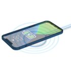 A smartphone with a blue case is laying flat, displaying a charging icon and 3:30 Sunday, June 3. Blue concentric circles beneath the phone suggest wireless charging in progress.