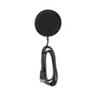 A circular wireless charging pad with an attached USB-C cable coiled neatly, placed against a white background.