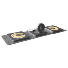 A sleek black wireless charging mat with three charging pads, capable of charging multiple devices simultaneously. The center pad is slightly raised, featuring an icon that indicates its for charging smartwatches.