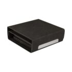 A black rectangular wireless charging stand with a minimalist design. It features a USB-C port on the side and a small rectangular white label on the front. The compact and stylish stand is designed to hold and charge devices.