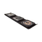 A black wireless charging pad with three sections, designed to charge multiple devices simultaneously. Each section has a circular charging symbol. The pad is laid out flat on a white background.