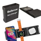 A black Bellevue 3-in-1 charger with a phone, smartwatch, and earbuds displayed on it. The charger shows a foldable design and includes icons indicating charging spots for each device.