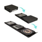 The image shows a foldable wireless charging station being unfolded. It features a compact design with multiple charging pads and an LED display. Arrows illustrate the transformation from a compact block to an extended charging setup.