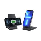 Two smartphones on black wireless charging stands, both displaying charging indicators. One phone is positioned horizontally, and the other vertically, showcasing versatile charging angles on a white background.
