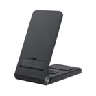 A sleek, black foldable wireless phone stand and charger. The stand is upright, showcasing its minimalistic design. The base has a charging pad, and the overall design is compact and modern.