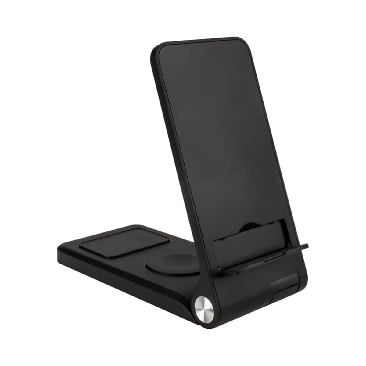 A black multi-device charging stand featuring a phone holder, a wireless charging pad, and a watch charger. The stand is angled to display devices, with a sleek design and a metallic accent at the base.