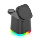 A sleek, black wireless charging station with a modern design. It features a rectangular base with an angled charging pad and an additional rounded pad. The base is illuminated with a colorful, gradient LED light.