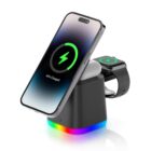 A multi-device charging station with a smartphone, earbuds, and smartwatch. The phone shows a charging icon with 45% battery. The base of the station features colorful LED lights.