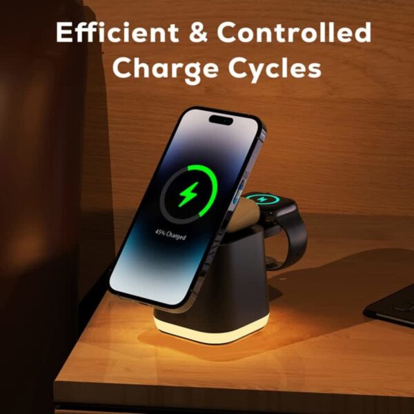 A smartphone and smartwatch are wirelessly charging on a dual charging stand. The phone screen displays a 45% charge with a green lightning bolt icon. The background text reads, Efficient & Controlled Charge Cycles.