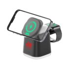 A black wireless charging station with a smartphone and a smartwatch. The phone displays a battery icon with 76% charge. The station has a red logo and is designed to charge multiple devices simultaneously.