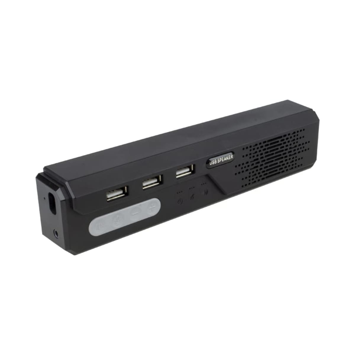 A rectangular black portable speaker with USB ports and a control panel on the side. The speaker surface has a perforated design for sound output.